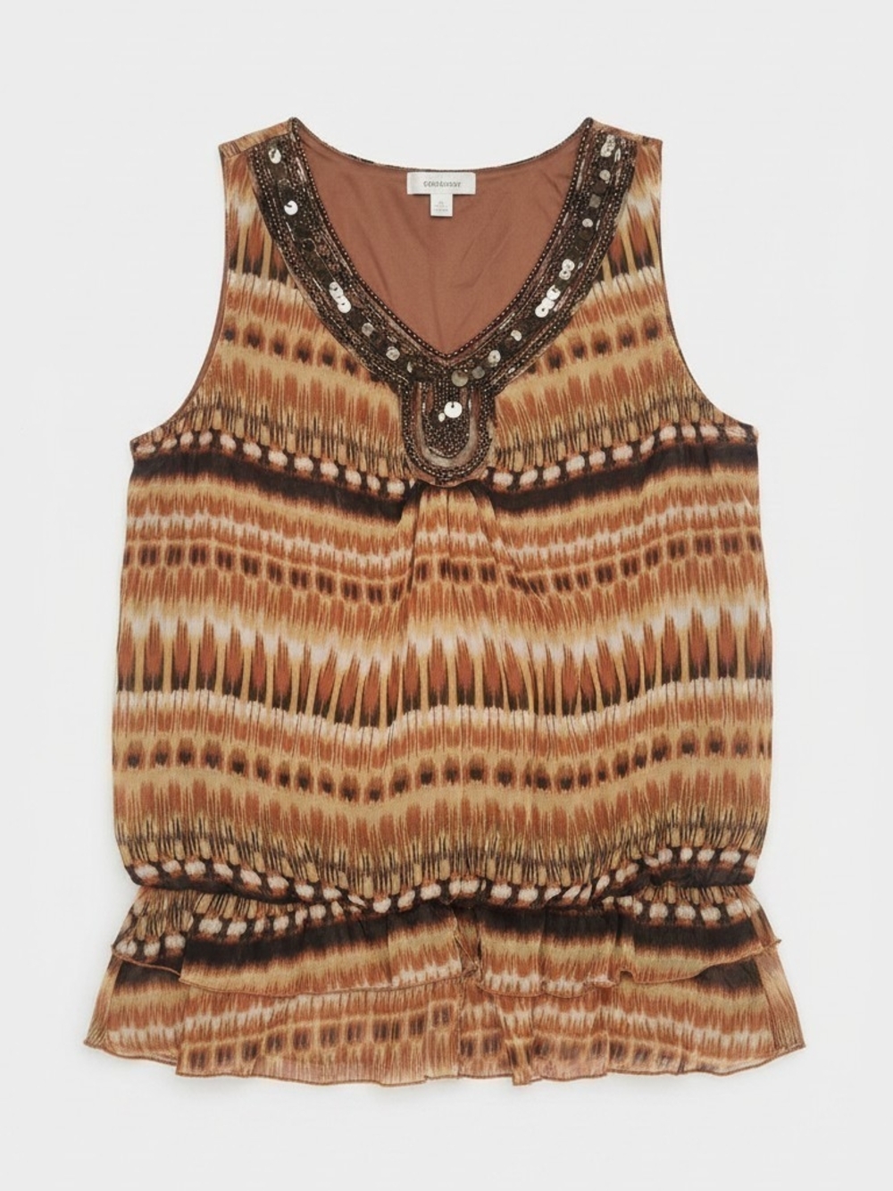 Embellished Brown Patterned Sleeveless Camisole
